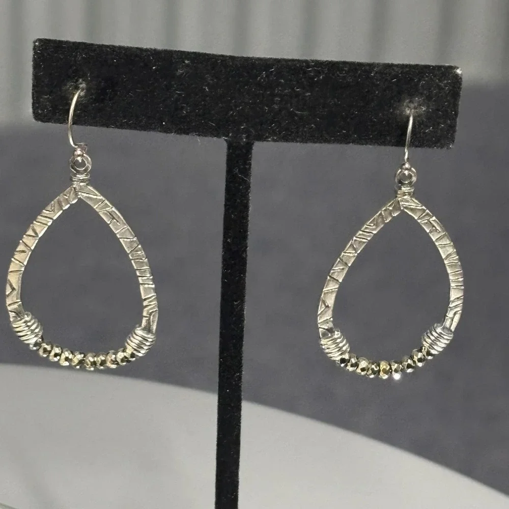 G&H‎ 925 Sterling Silver Teardrop Dangle Earrings Hammered Oxidized Beaded Hook